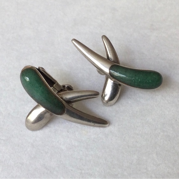 Sigi Pineda Silver & Nephrite Jade Clip Earrings - Stamped - circa 1950s - Picture 7 of 8
